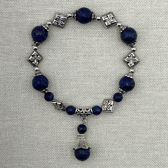 Charm Lapis Lazuli Bracelet Sterling Silver Ethnic Style Women Fine Jewelry - Picture 1 of 4